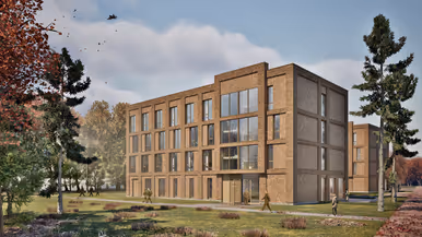 Impressie van een gebouw met drie verdiepingen, met wandelaars op de voorgrond en een F-35 links in de lucht.