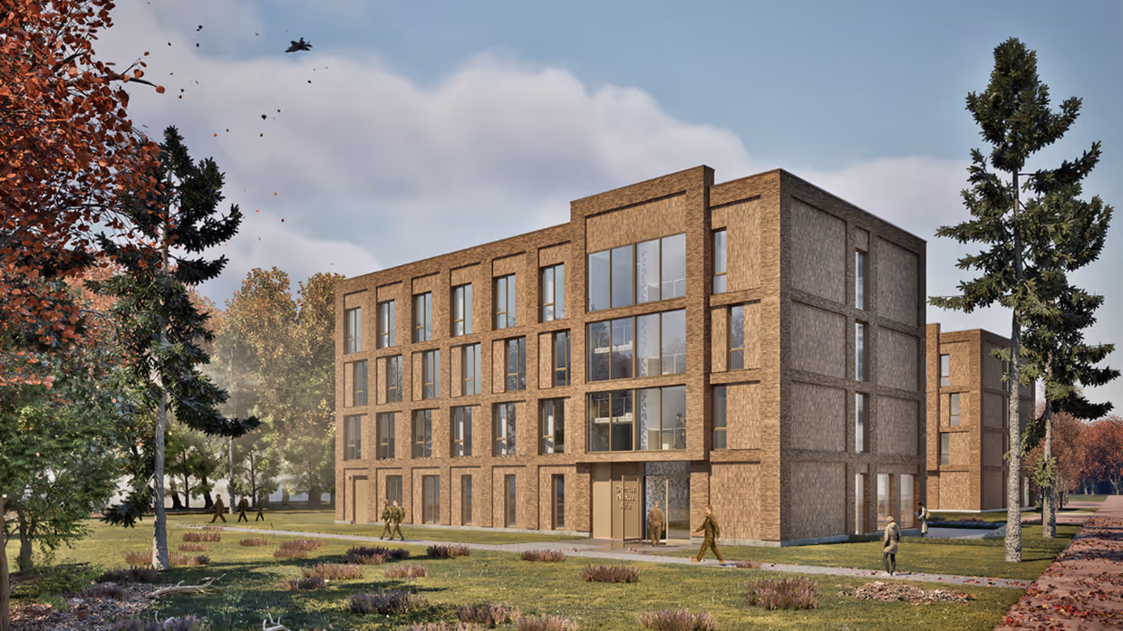 Impressie van een gebouw met drie verdiepingen, met wandelaars op de voorgrond en een F-35 links in de lucht.