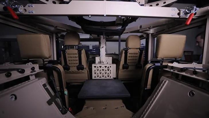 Het interieur van de Vector. Te zien zijn de 4 zitplaatsen en in het midden de ringaffuit waarop een met wapen wordt geplaatst.