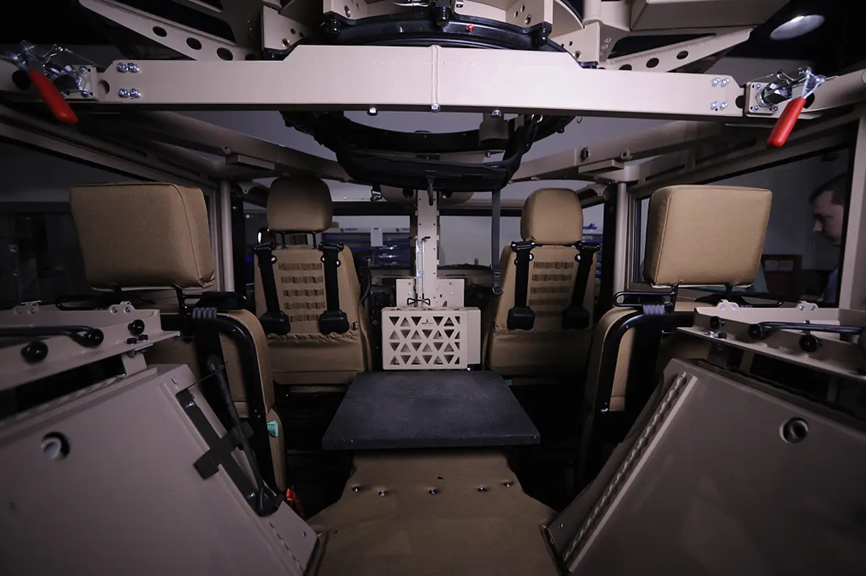 Het interieur van de Vector. Te zien zijn de 4 zitplaatsen en in het midden de ringaffuit waarop een met wapen wordt geplaatst.