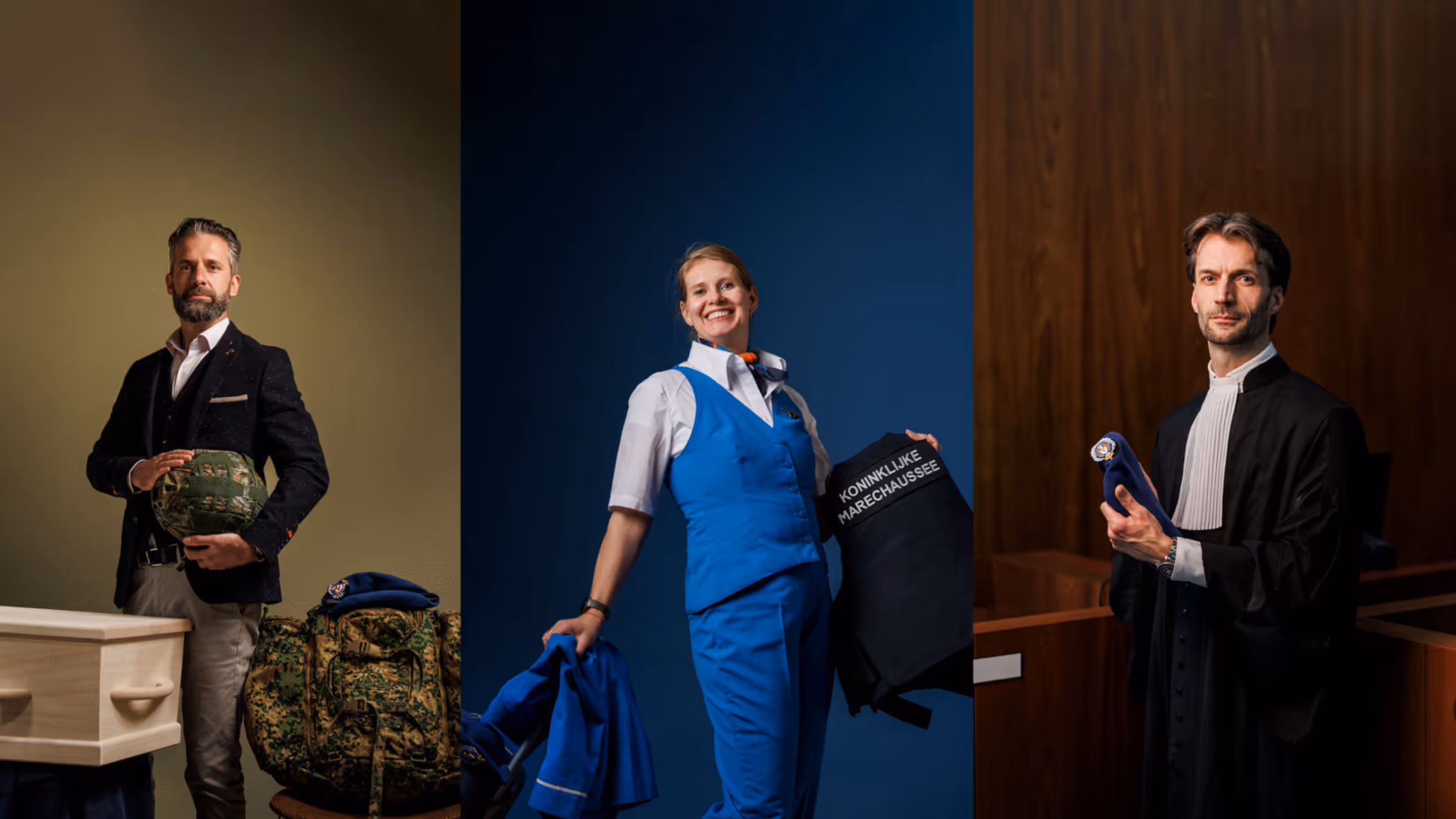 3 portretten van reservisten in respectievelijk pak, KLM-pak en in een toga.