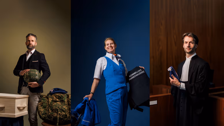 3 portretten van reservisten in respectievelijk pak, KLM-pak en in een toga.
