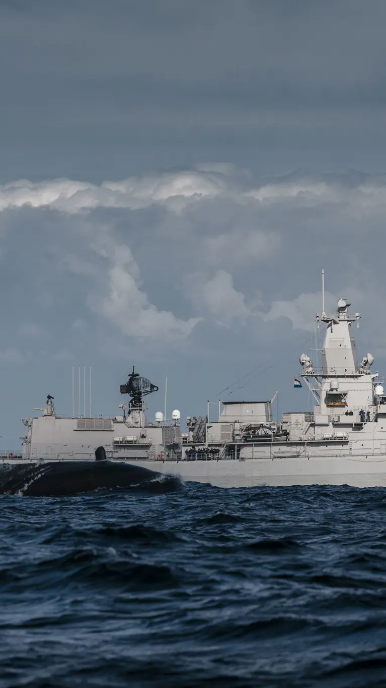 Het sail van een onderzeeboot dat half uit het water steekt met op de achtergrond het M-fregat Zr.Ms. Van Amstel.
