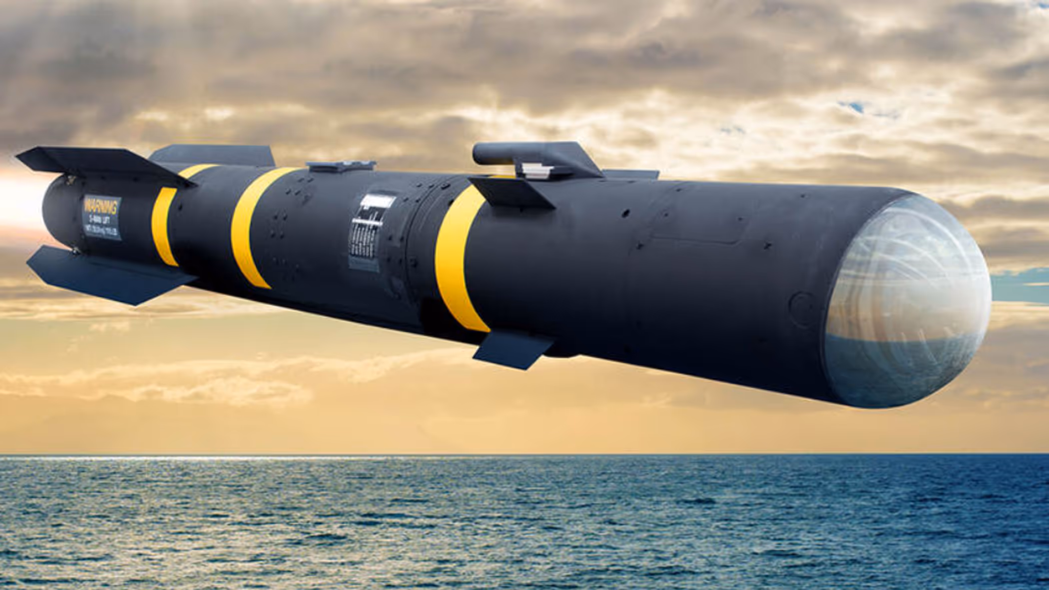 Artist-impression van een Hellfire-raket in de lucht.