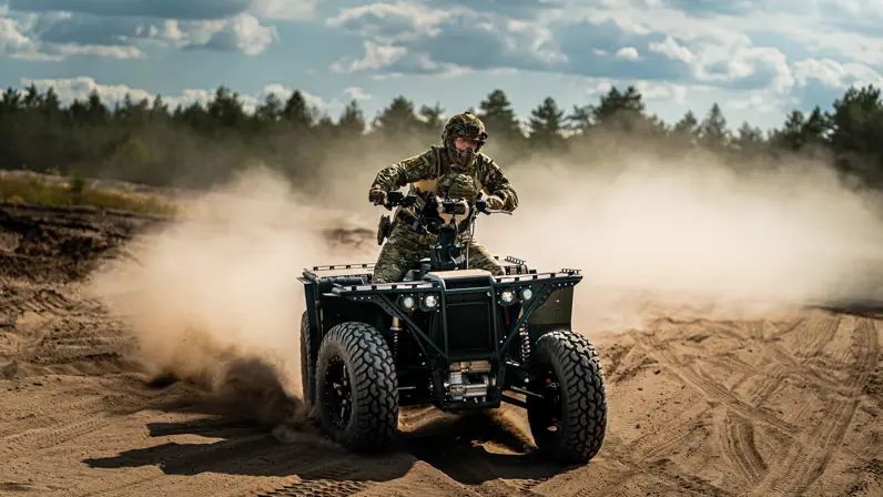 Een militair zit op een quad en scheurt over een zandvlakte. 