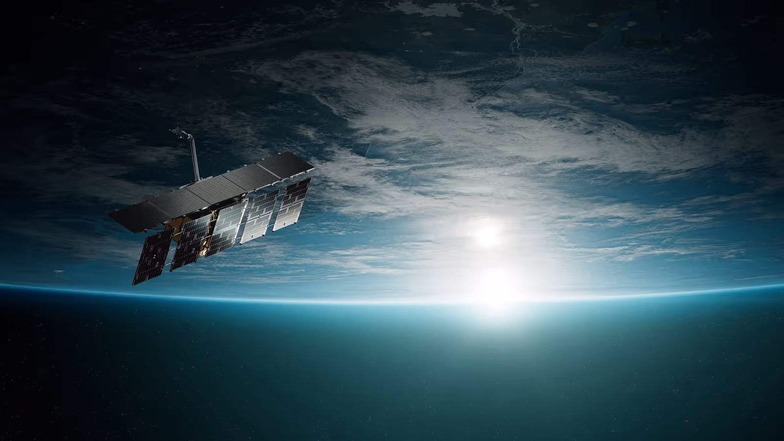 Render van een satelliet van het Finse ICEYE in de ruimte, met de aarde op de achtergrond 