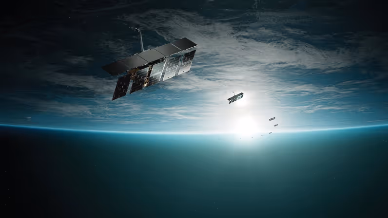 Render van een constellatie satellieten van ICEYE.