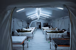 Grote tent met ziekenhuisbedden waarop mensen liggen.