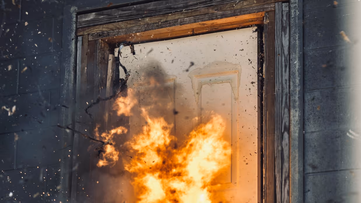 Vlammen achter een deuropening.