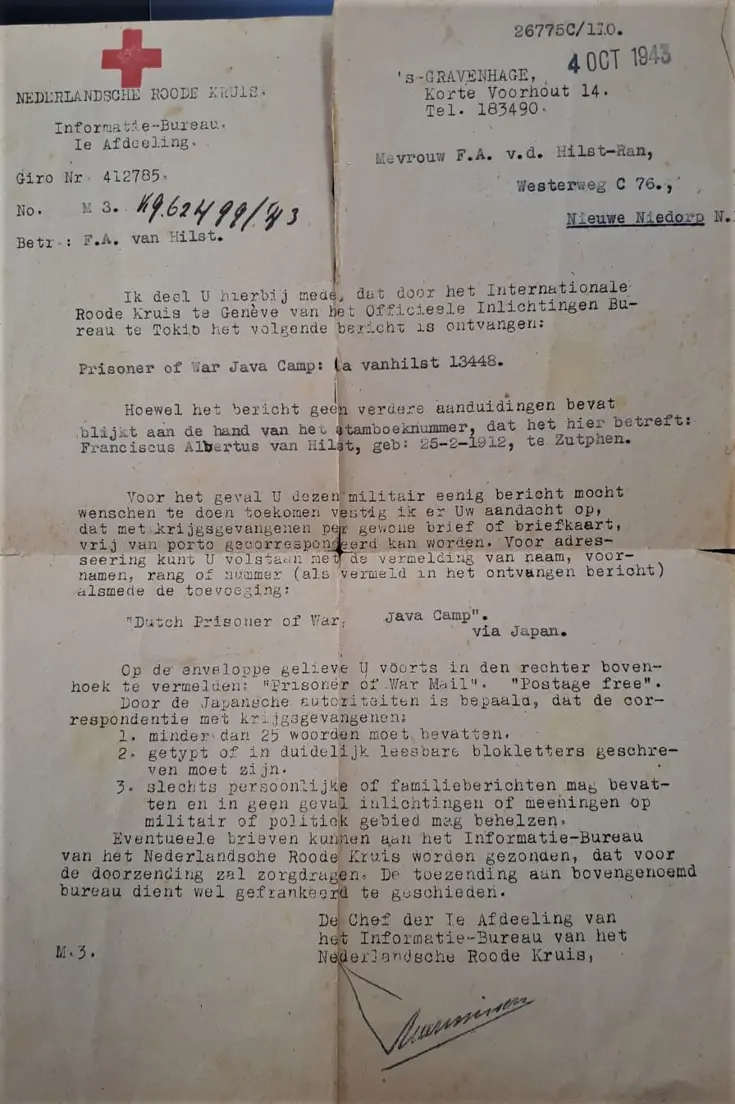 Oude brief waarop staat dat Van Hilst gevangen is genomen.