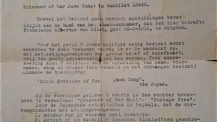 Oude brief waarop staat dat Van Hilst gevangen is genomen.