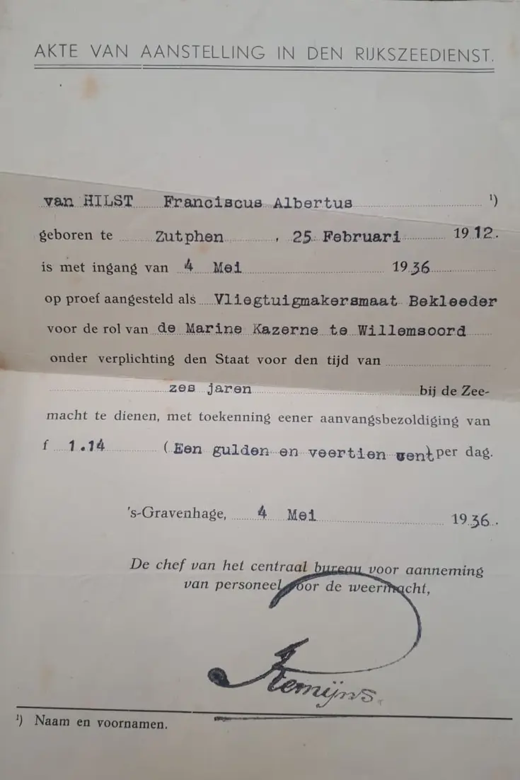 Aanstellingsbrief van Van Hilst uit 1936.
