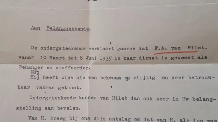 Getuigschrift Van Hilst uit 1935 van Van Zeben Woninginrichting.