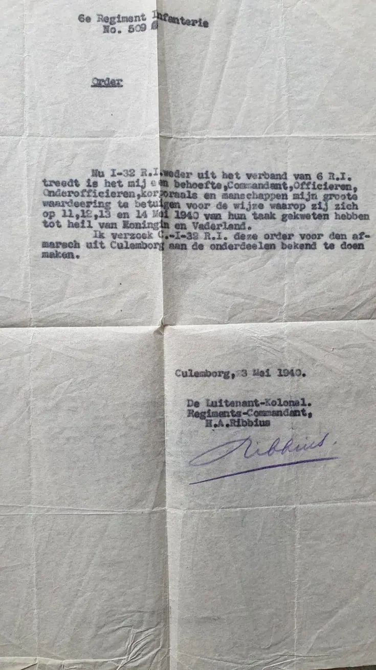Order waarin regimentscommandant zijn waardering uitspreekt aan de eenheid van Thulais overgrootvader voor hun optreden tijdens de Meidagen 1940.