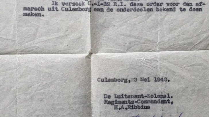 Order waarin regimentscommandant zijn waardering uitspreekt aan de eenheid van Thulais overgrootvader voor hun optreden tijdens de Meidagen 1940.