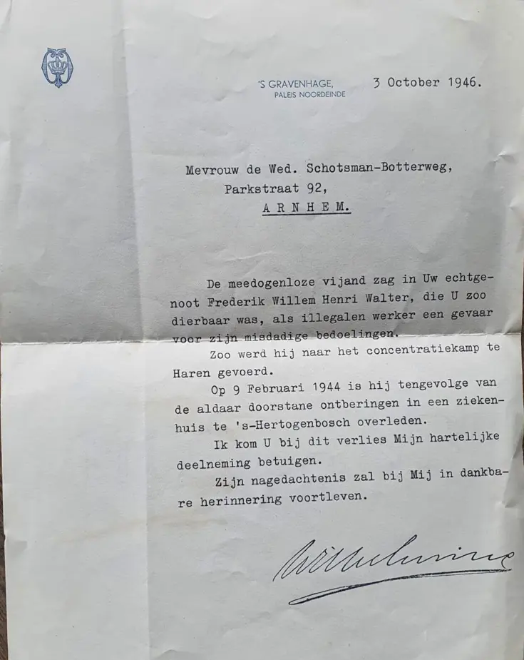 Condoleancebrief van koningin Wilhelmina.