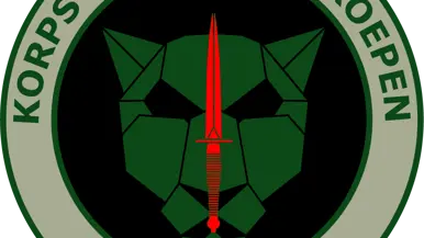 Het ronde embleem van de nieuwe 403 ResCie. In het midden de rode dolk die het KCT kenmerkt, bovenaan de tekst ‘Korps Commandotroepen’ en onderaan ‘403 ResCie’.
