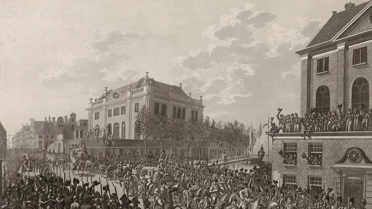 Schilderij van de intocht van Lodewijk Napoleon in Amsterdam1808.
