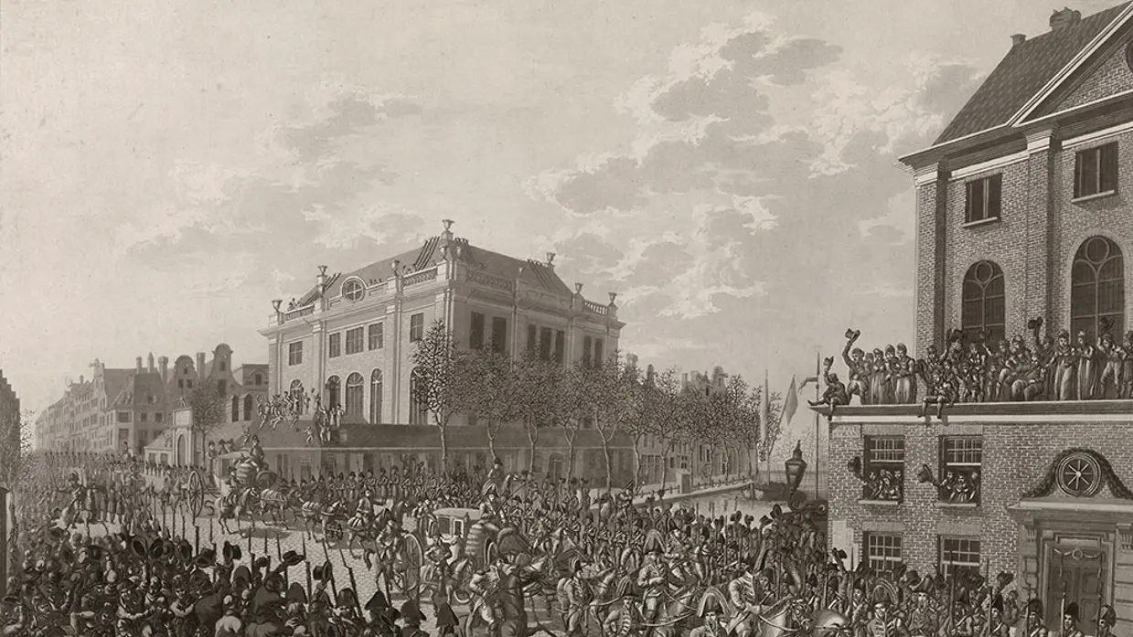 Schilderij van de intocht van Lodewijk Napoleon in Amsterdam1808.