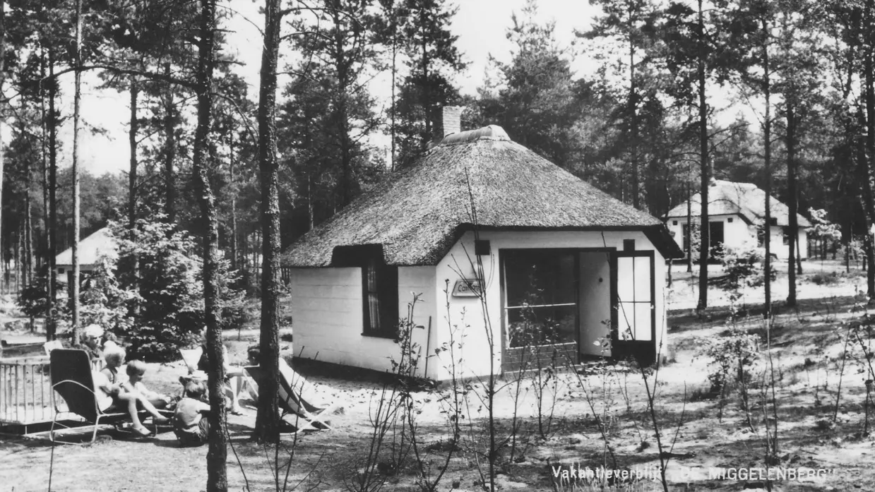Een vakantiehuisje in een bos met een familie aan een tafel in de zomer. 