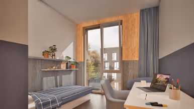 Tekening van éénpersoons kamer met links een opgemaakt bed, rechts een bureau met stoel en rechtdoor een raam.