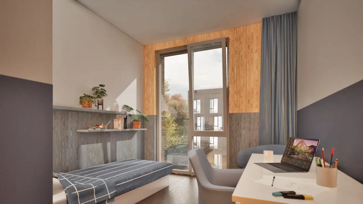 Tekening van éénpersoons kamer met links een opgemaakt bed, rechts een bureau met stoel en rechtdoor een raam.