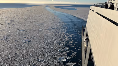 Afbeeldingen van het pannenkoekijs waar het schip doorheen vaart. Dit zijn kleine ijscirkels die in de zee liggen. Ook een foto van het schip dat in Botnische Golf dobbert.