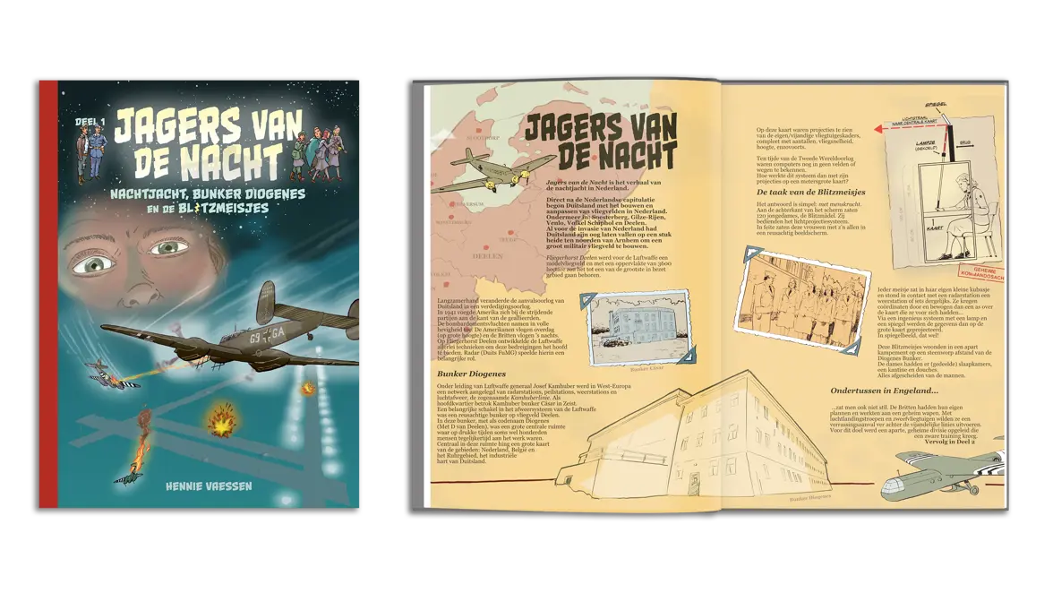 Een compilatie van de cover van het boek en twee opengeslagen pagina’s.