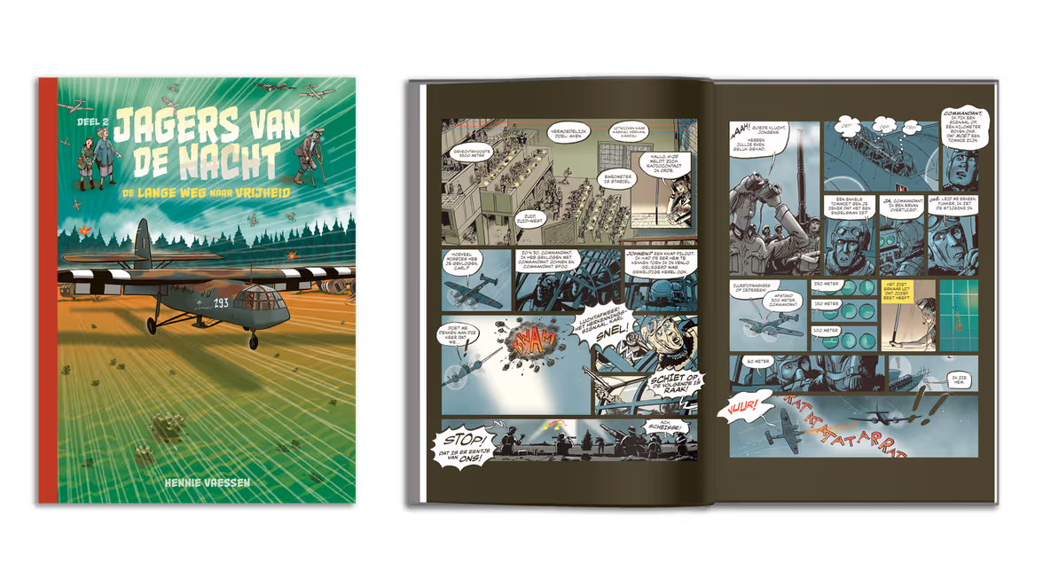 Een compilatie van de cover van het boek en twee opengeslagen pagina’s.