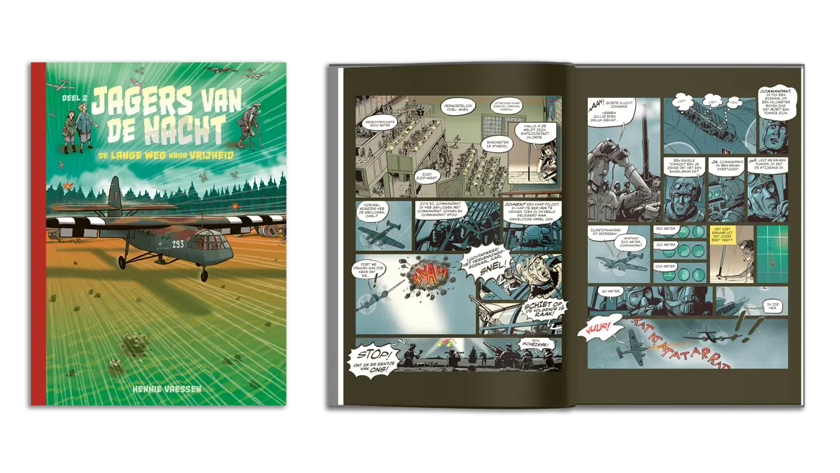 Een compilatie van de cover van het boek en twee opengeslagen pagina’s.