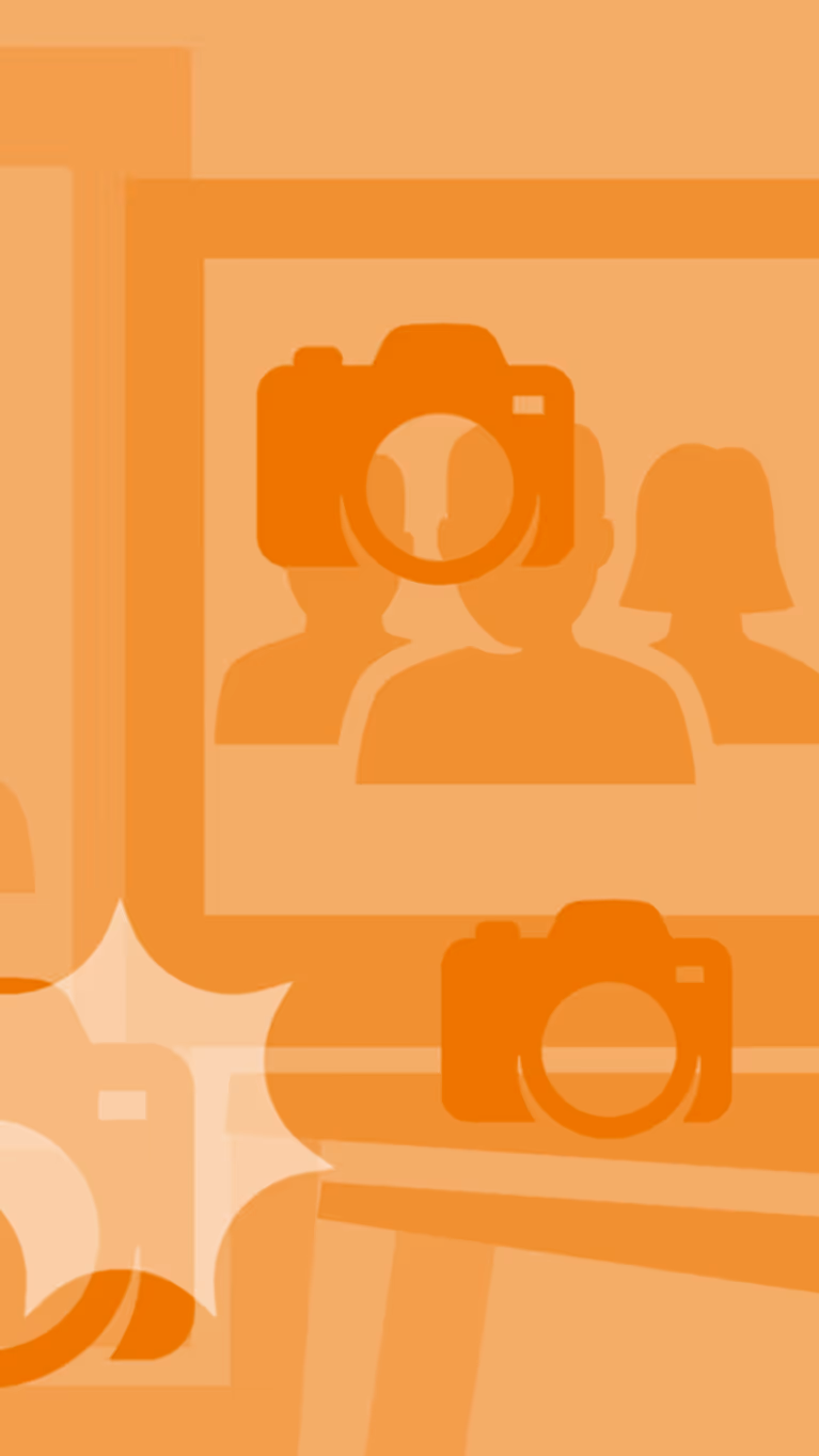 Gestyleerde afbeelding van flitsende camera's in oranje.