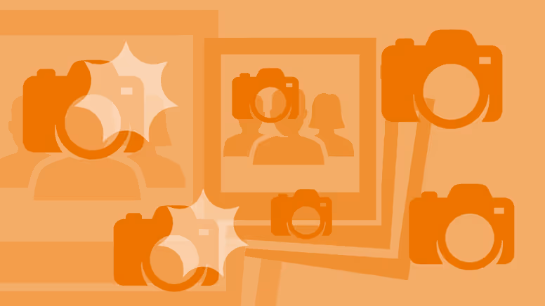 Gestyleerde afbeelding van flitsende camera's in oranje.