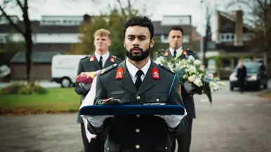  Mix van beelden van Mark. Zo zien we dat zijn kist wordt gedragen door militairen en dat zijn baret en onderscheidingen plechtig worden gedragen door een collega.