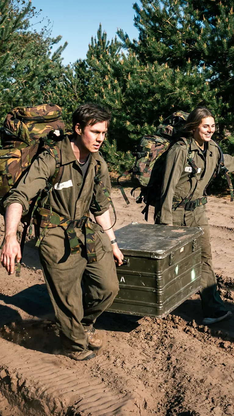 Twee jongeren dragen samen een zware kist tijdens een MDT-bivak op de kazerne in Oirschot. 