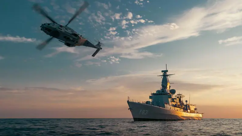 Een fregat op zee, terwijl een marinehelikopter voorbijvliegt.