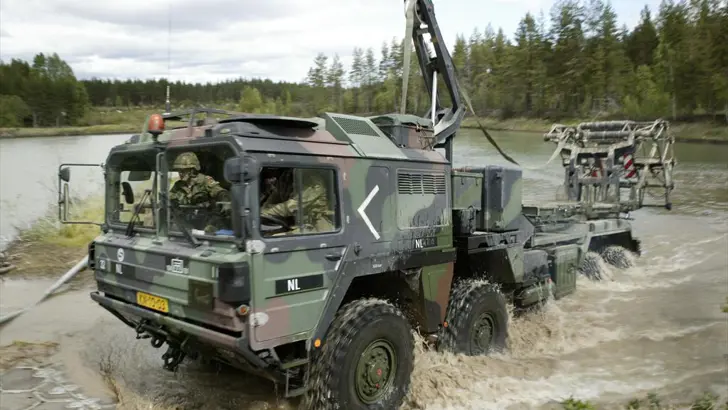 Een MLC-70-wegenmatsysteem rijdt uit het water.
