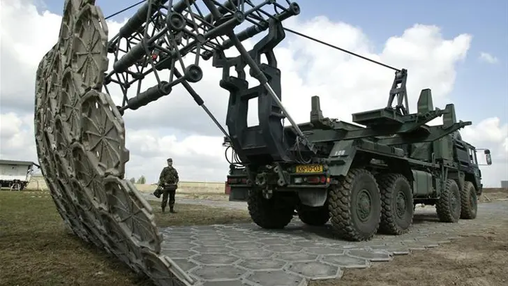 Het MLC-70-wegenmatsysteem rolt een wegenmat uit.