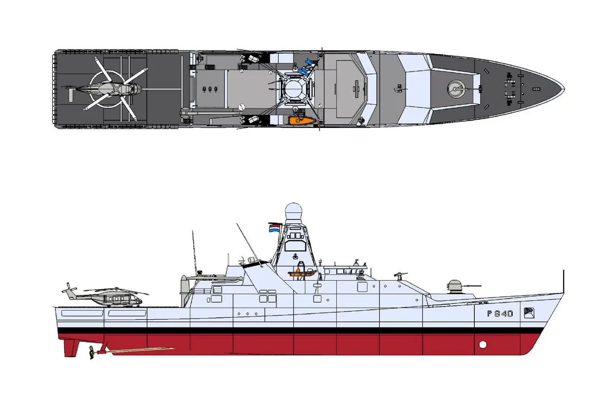 Modeltekening patrouilleschip.