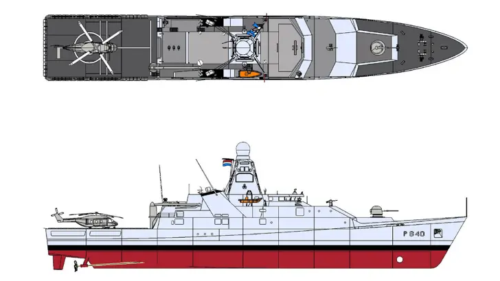 Modeltekening patrouilleschip.