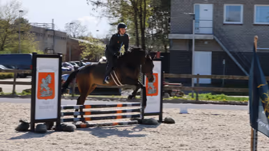 Een glimlachende vrouw met een helm op leidt met de teugels in de hand haar paard door het water (links) en (rechts) dezelfde vrouw springt met haar paard over een hindernis.