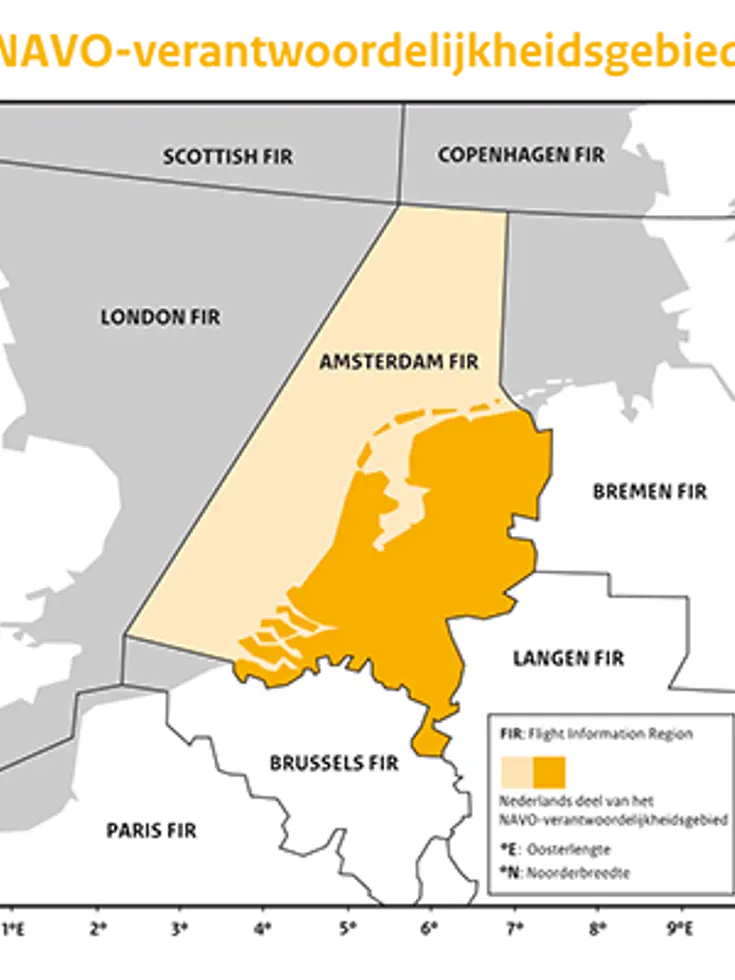 Kaartje Nederlands deel NAVO-verantwoordelijkheidsgebied. Informatie staat op de pagina Verdediging Nederlands luchtruim.