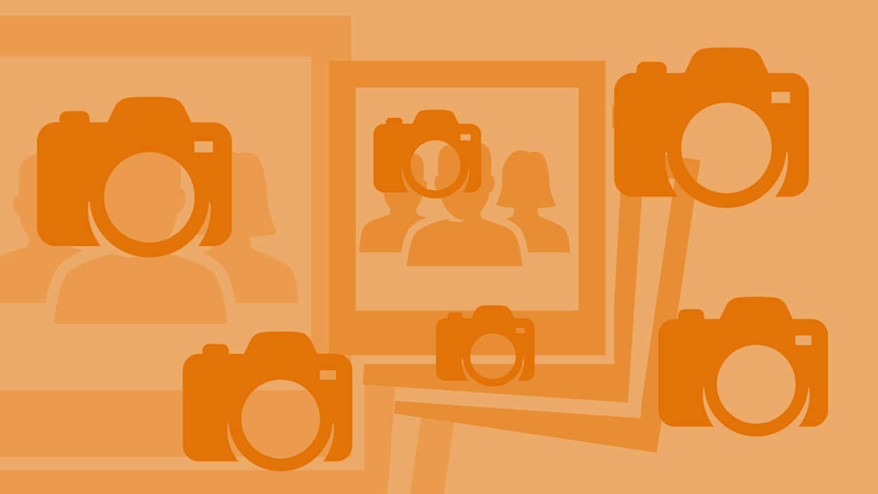 Gestyleerde afbeelding van flitsende camera's in oranje.