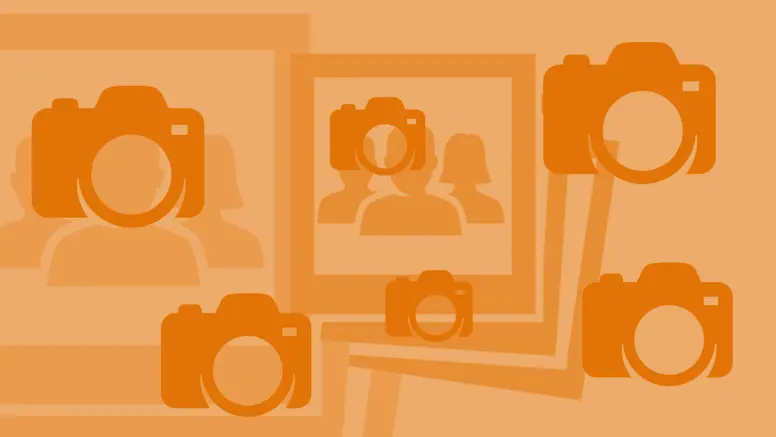 Gestyleerde afbeelding van flitsende camera's in oranje.