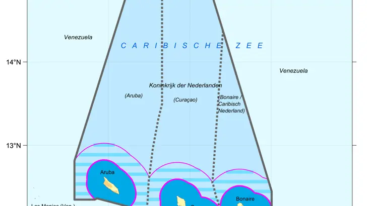 Kaart: zonegrenzen voor Aruba, Curaçao en Bonaire (benedenwindse Nederlandse Antillen). De inhoud van de kaart is te gebruiken door zeevarenden.
