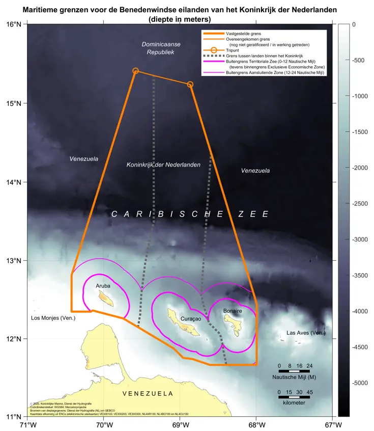 Kaart: zonegrenzen voor Aruba, Curaçao en Bonaire (benedenwindse diepte Nederlandse Antillen). De inhoud van de kaart is te gebruiken door zeevarenden.