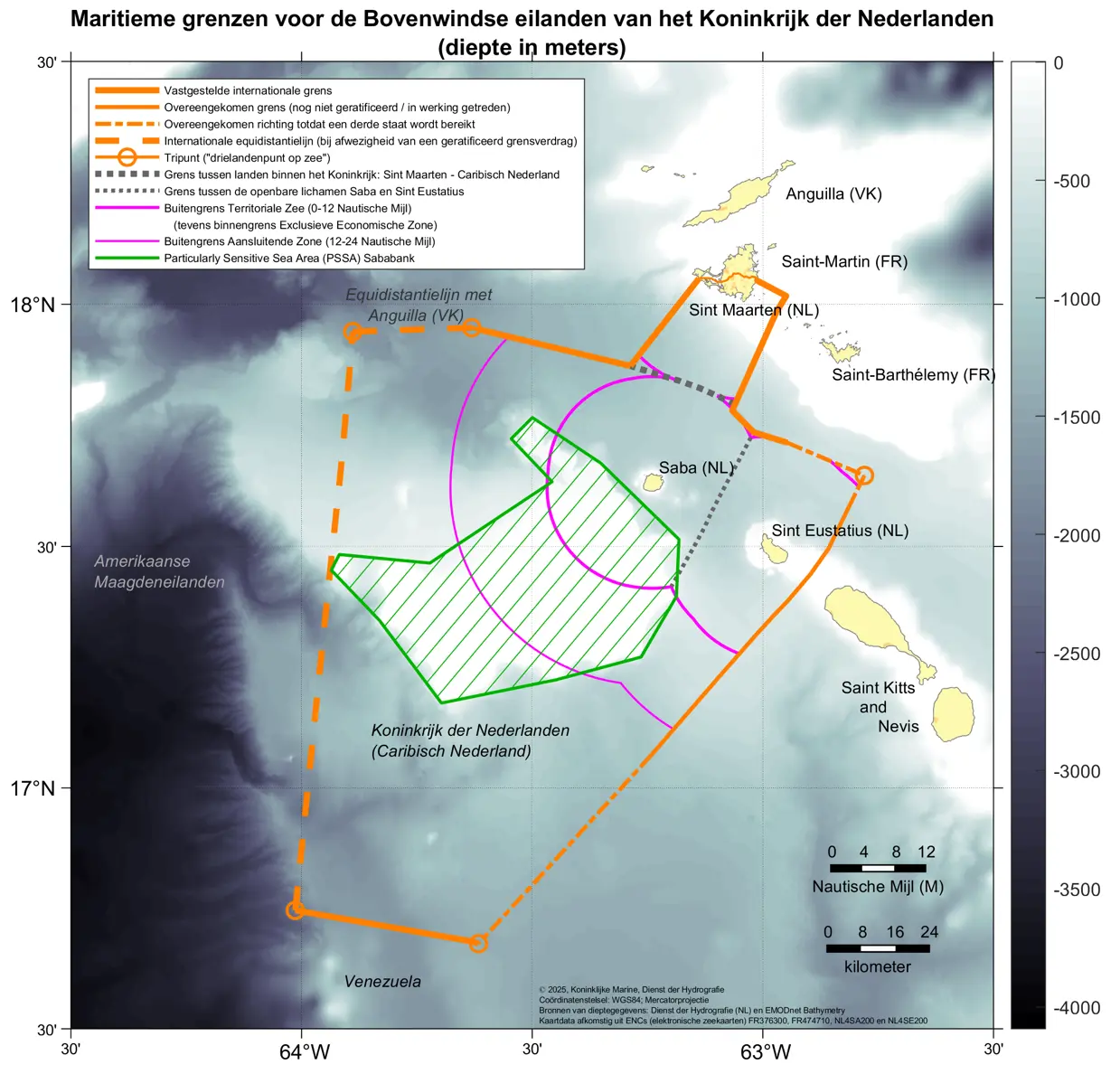 Kaart van de Nederlandse bovenwinds grenzen (diepte).