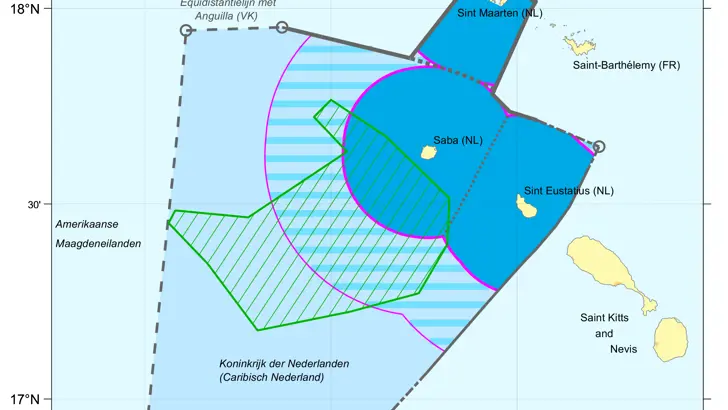 Kaart: zonegrenzen voor Saba, Sint Eustatius en Sint Maarten. De inhoud van de kaart is te gebruiken door zeevarenden.