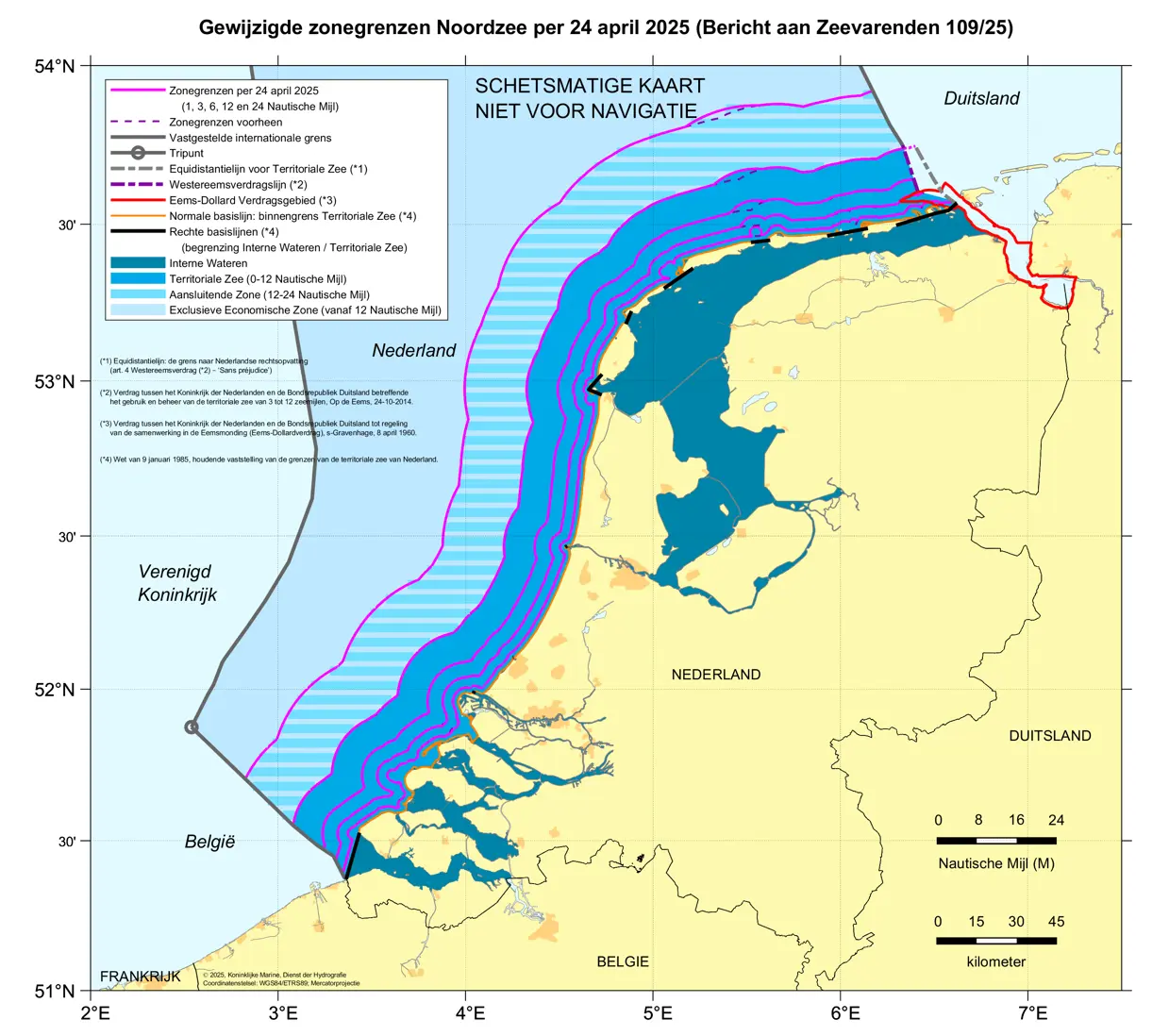 Kaart: gewijzigde zonegrenzen langs de hele Nederlandse kust door gewijzigd dieptebeeld op verschillende zeekaarten. De inhoud van de kaart is te gebruiken door zeevarenden.