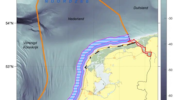 Kaart: zones volgens het Gemeenschappelijk Visserijbeleid in het Nederlands deel van de Noordzee (diepte).