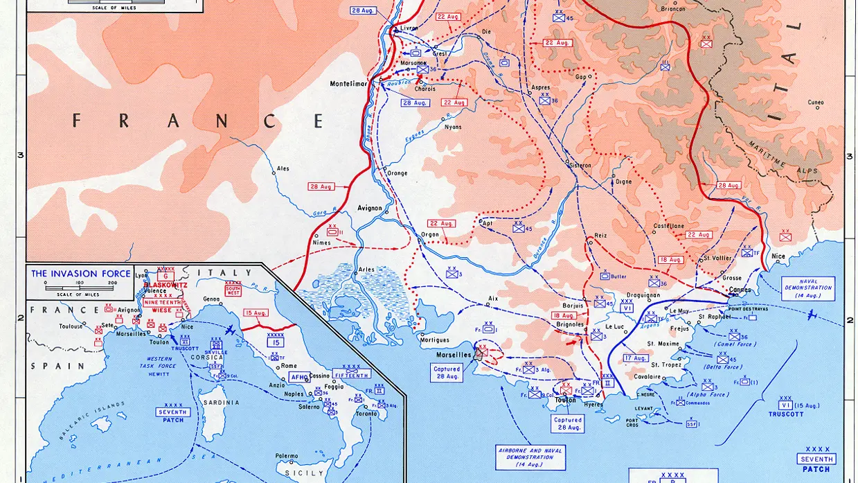 Een gedetailleerde kaart van Zuid-Frankrijk in 1944 met ingetekende militaire operaties, rivieren, steden en troepenbewegingen tijdens de Tweede Wereldoorlog.